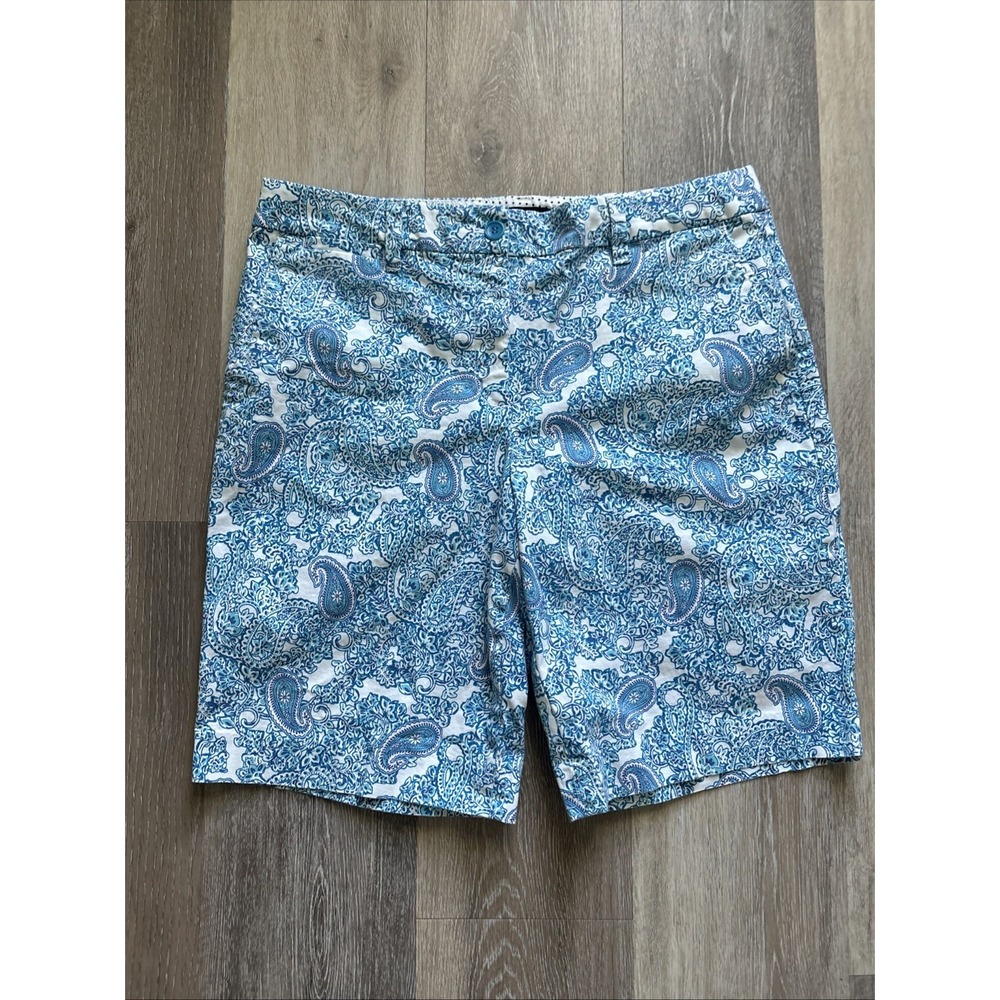 TALBOTS Perfect Chino Shorts Womens 12 Blue Paisley Stretch Bermuda Beach Vaca